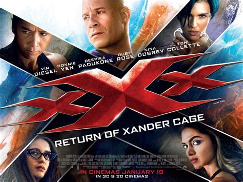 Like the first two movies this picks up and carries on the XXX brand. Lots of action with some new players joining the X brand. If you like action movies this is a good watch. This review is from xXx: Return of Xander Cage [Includes Digital Copy] [Blu-ray/DVD] [2017] I would recommend this to a friend.